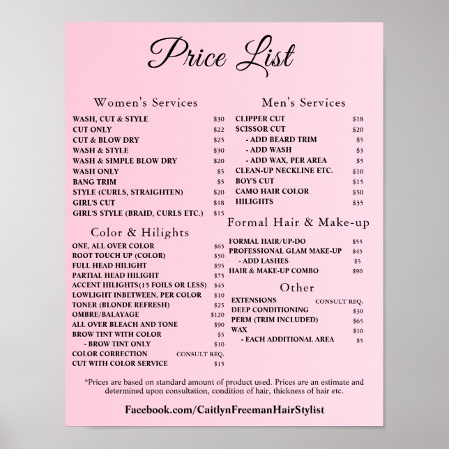 Poster Modern Elegant Beauty Salon Price List (Devant)