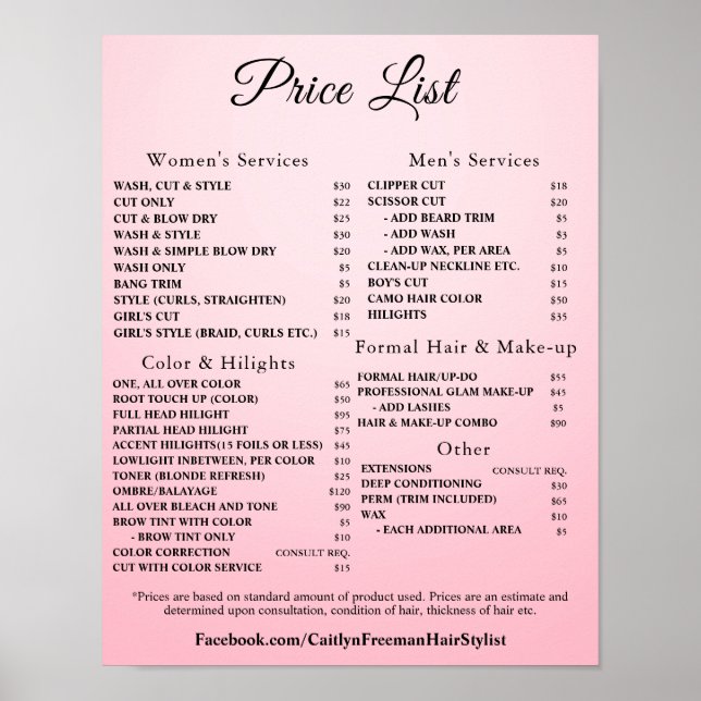Poster Modern Elegant Beauty Salon Price List (Devant)