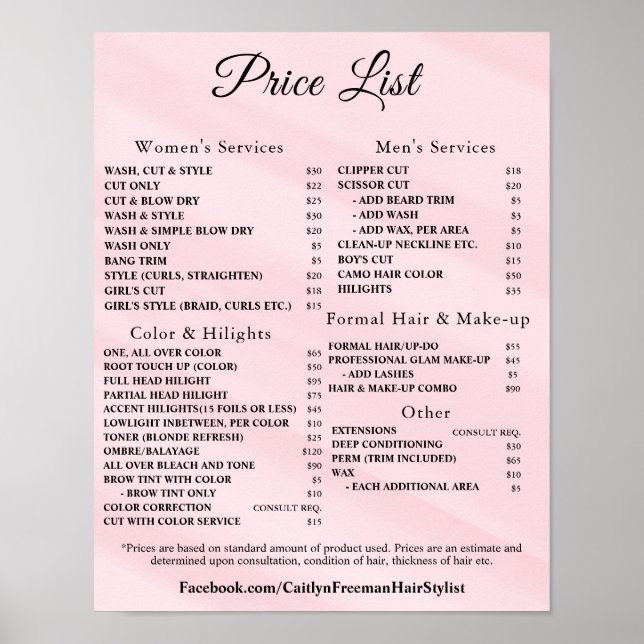 Poster Modern Elegant Beauty Salon Price List (Devant)