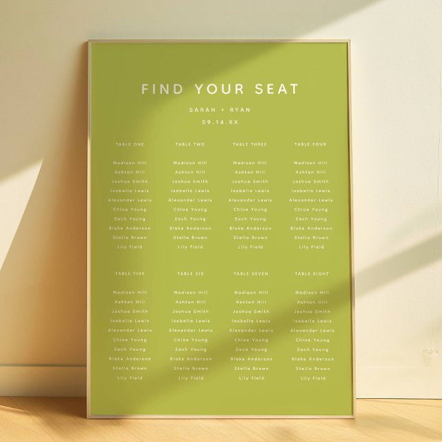 Poster Modern Lime Green Wedding 8-Table Seating Chart (Créateur téléchargé)