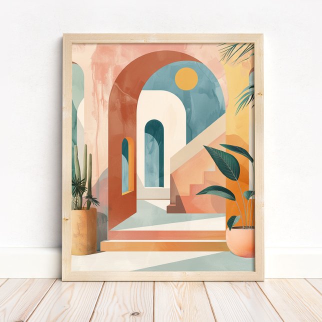 Poster Modern Mediterranean Boho Arch Wall Art Print (Modern Mediterranean Boho Arch Wall Art Print in a neutral wooden frame on the floor)