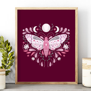 Poster Modern Pink And White Abstract Moth Illustration