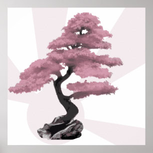 Poster Modern Pink Cherry Tree Bonsai & Rising Sun