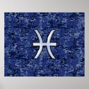 Poster Modern Pisces Zodiac Sign Navy Blue Digital Camo