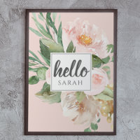 Modern Watercolor Pink Flowers & Hello & Nom