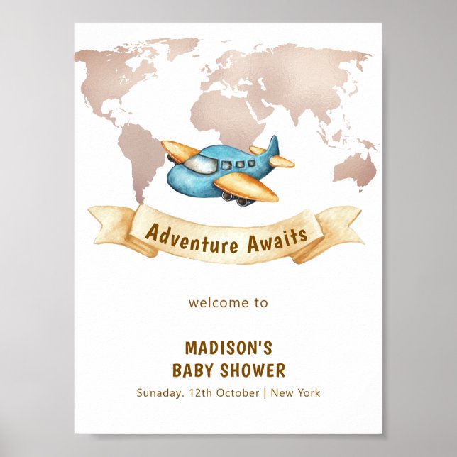 Poster Modern World Map Airplane Boy Baby Shower Welcome (Devant)