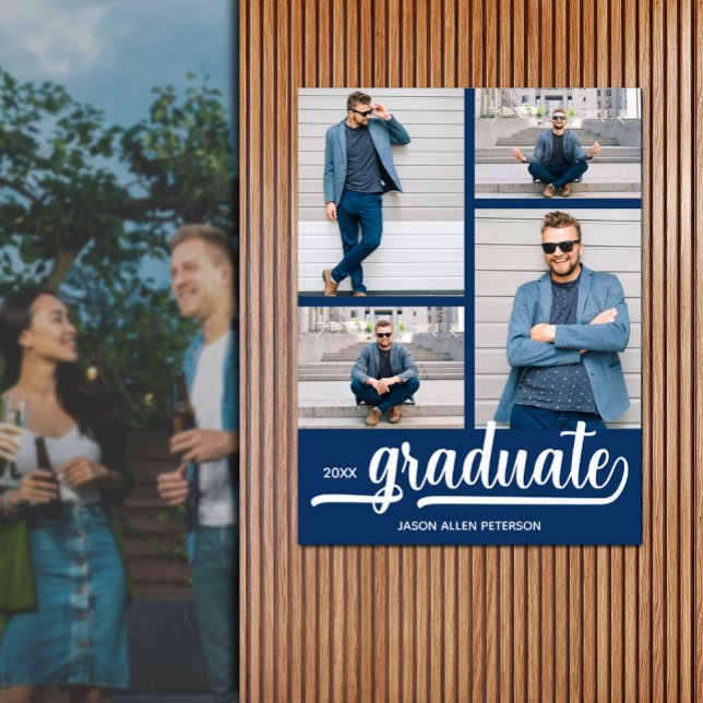 Poster Moderne 4 Photos sur Bleu Graduation (Modern 4 photo on blue graduation party poster - PRINTED and/or INSTANT DOWNLOAD)