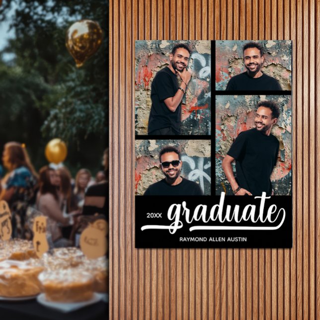 Poster Moderne 4 Photos sur la Graduation Noire (Modern 4 photo on black graduation party poster - PRINTED and/or INSTANT DOWNLOAD)