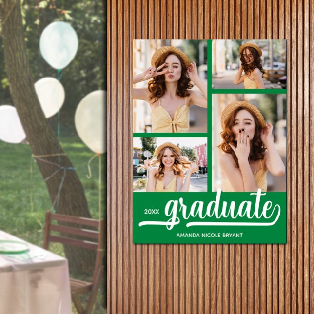 Poster Moderne 4 Photos sur le Green Graduation (Modern 4 photo on green graduation party poster - PRINTED and/or INSTANT DOWNLOAD)