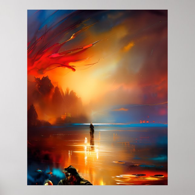 Poster Moderne Abstrait belles couleurs bleu or turquoise (Devant)