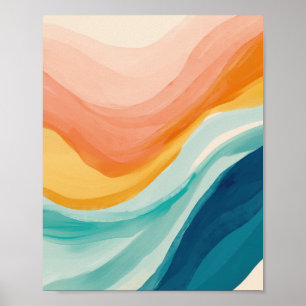 Poster Moderne Abstrait tendance rose jaune Vagues Bleues