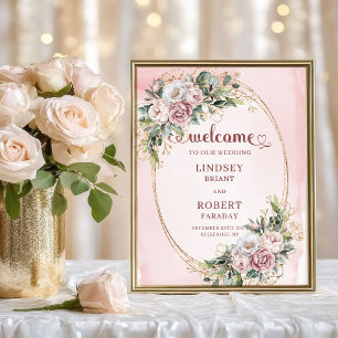 Poster Moderne Bienvenue Fleurs Roses Paillettes Dorées