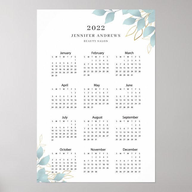Poster moderne blanc vert feuille Calender 2022 (Devant)