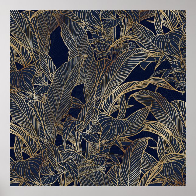 Poster Moderne Blue Gold Foliage Plante Design botanique (Devant)