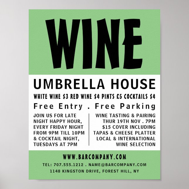 Poster Moderne Bold, Bar à Vins / Vin Publicité (Devant)