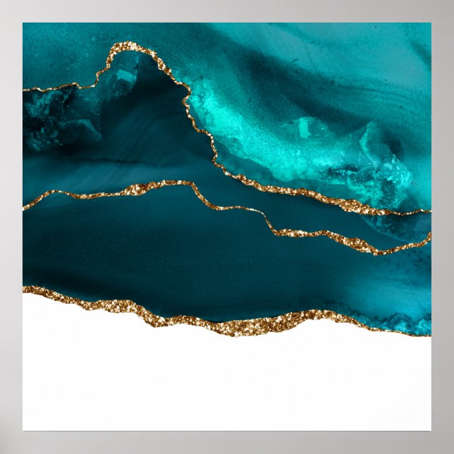 Poster Moderne Design Turquoise & Or Agate sur blanc (Devant)