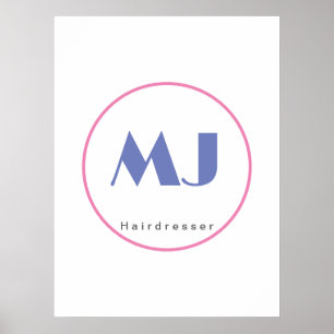 Poster Moderne et élégant Monogramme Bleu Coiffeur blanc