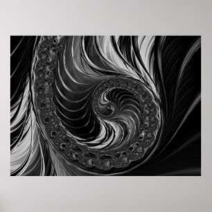 Poster Moderne Fractal noir blanc métal Nautilus Swirl