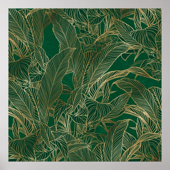 Poster Moderne Green Gold Foliage Plante Design botanique (Devant)