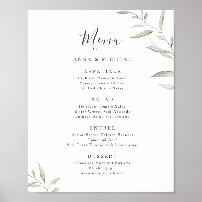Poster Moderne minimaliste verdure menu mariage rustique (Devant)