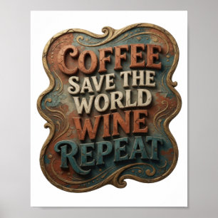 Poster Moderne Orange CAFE SAUVE LE MONDE VIN REPETE