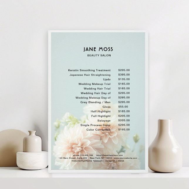 Poster Moderne, salon, Fleurs de pivoines Tarifs (Peony Flower Salon Price List Poster)
