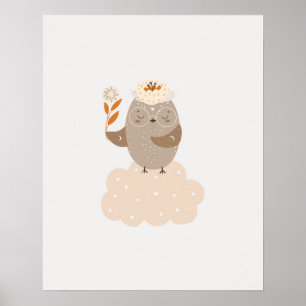 Poster Moderne scandi mignon oiseau sur un nuage pour la