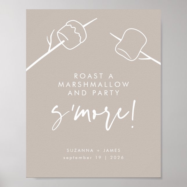 Poster Moderne Taupe Calligraphie Marshmallow S'mores Bar (Devant)