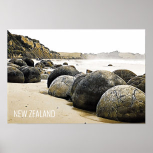 Poster Moeraki Boulders Voyage Nouvelle-Zélande