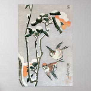 Poster Moineaux et Camélia dans la neige par Ando Hiroshi