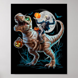 Poster Momie de squelette à cheval sur citrouille T Rex d