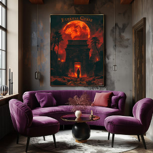 Poster Momie montante Halloween - Tombeau antique et Lune