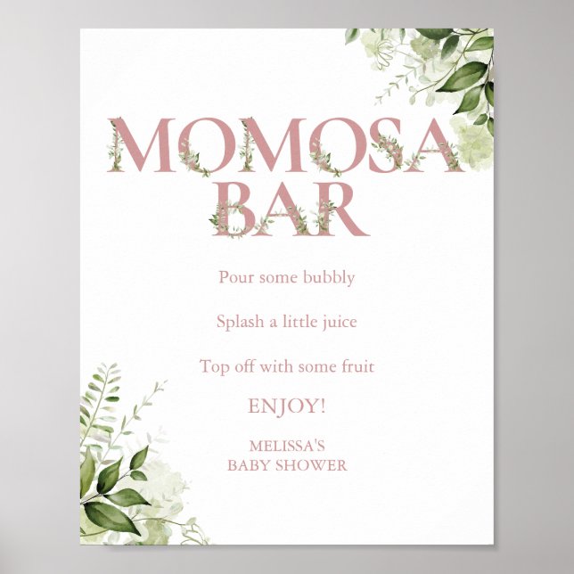 Poster Momosa Greenery Bar Dusty Rose Rose Baby shower (Devant)