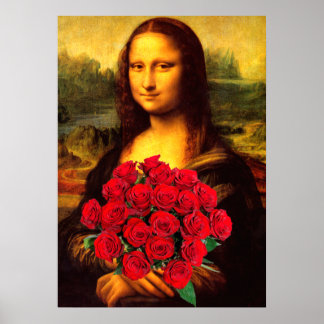 Poster Mona Lisa Avec Bouquet De Roses Rouges