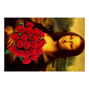Poster Mona Lisa Avec Bouquet De Roses Rouges