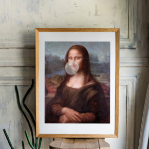 Poster Mona Lisa soufflant du chewing-gum gris