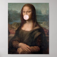 Mona Lisa soufflant un bubble gum rose