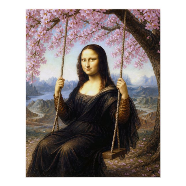 Poster Mona Lisa sur une balançoire sous les fleurs de ce (Devant)