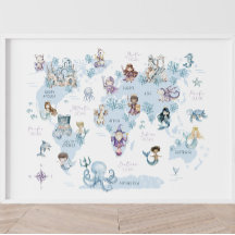 Monde marin magique, sirènes, chevaliers, carte du