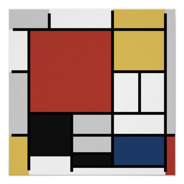 Poster Mondrian Peinture Rouge Plane Jaune Noir Gris Bleu (Devant)