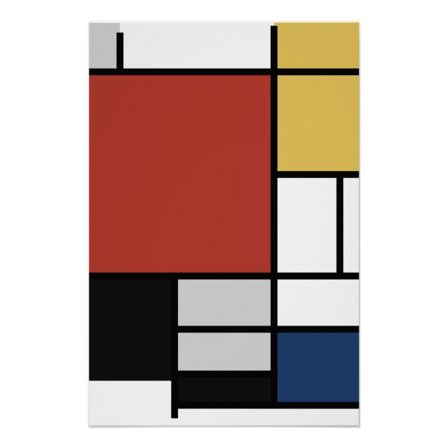 Poster Mondrian Peinture Rouge Plane Jaune Noir Gris Bleu (Devant)