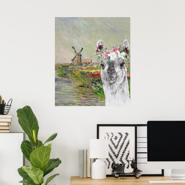 Poster Monet Champ Tulipes et Fancy Llama (Bureau à domicile)