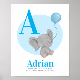 Poster mongramme éléphant nom de ballon pépinière mur art