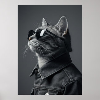 Poster Monochrome Cool Cat in Denim Jacket Portrait