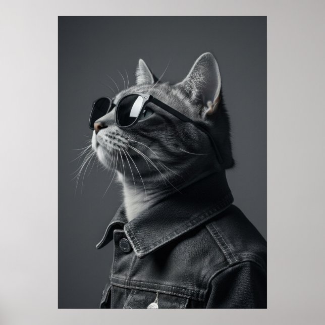 Poster Monochrome Cool Cat in Denim Jacket Portrait (Devant)