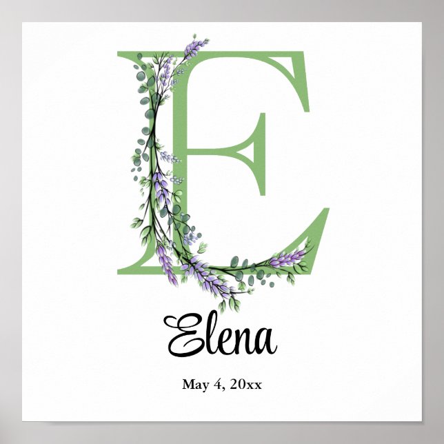 Poster Monogram E Lavender Eucalyptus (Devant)