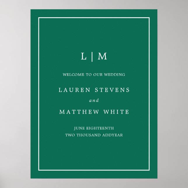 Poster Monogram Jewel Tone Emerald Green Mariage de bienv (Devant)