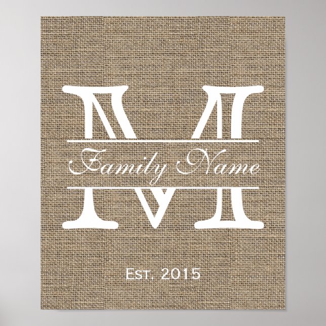 Poster Monogram Rustic Burlap Nom de famille (Devant)