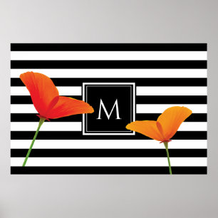 Poster Monogramme à rayures noires chic