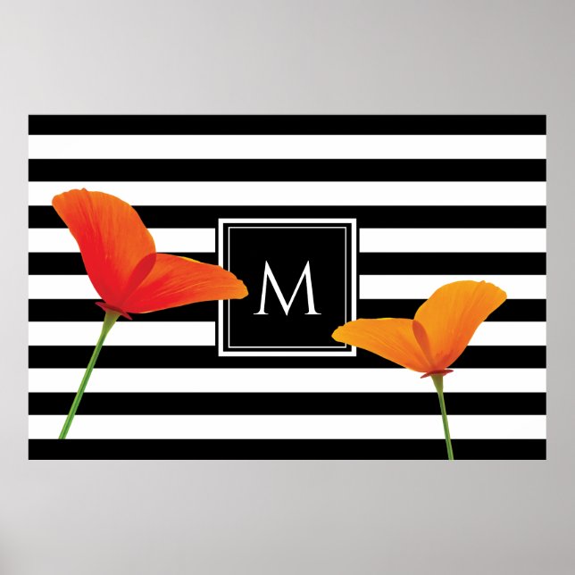 Poster Monogramme à rayures noires chic (Devant)